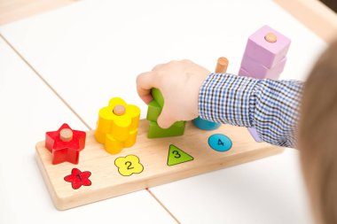 Saymayı, şekilleri ve renkleri öğrenmek. Montessori tipi uygulama. ahşap oyuncaklar.