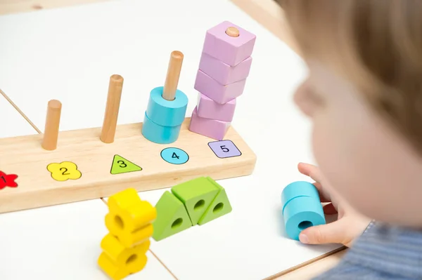 Learning Counting Shapes Colors Montessori Type Implement Wooden Toys — Stok fotoğraf