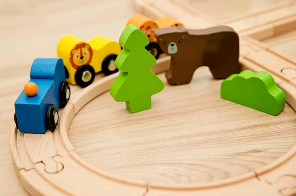 Wooden Railway Train Animal Wagons Wooden Floor Nostalgia Toy Childhood — 스톡 사진