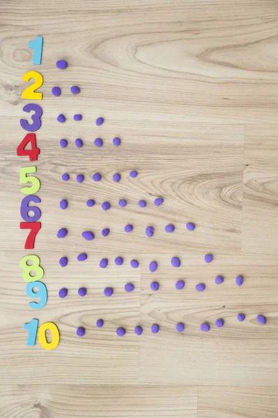 Play-Doh stones and numbers. Counting DIY game. Mathematical task. Play at home. Way of learning. Kid flatten balls when saying a digit.