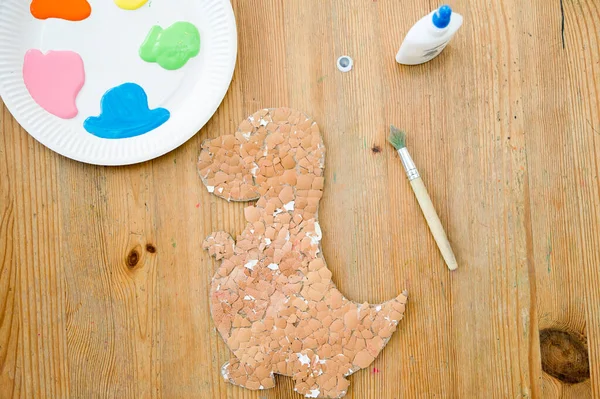 Activities Children Art Lessons Home Glued Egg Shell Dinosaur Shape — 스톡 사진