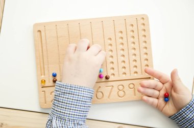 Montessori Boncuklar Kurulu. Sayıları saymayı ve yazmayı öğrenmek, çocuğu zihinsel aritmetiğe hazırlamak, bir düzen, odaklanma, koordinasyon ve doğruluk duygusu geliştirmek.