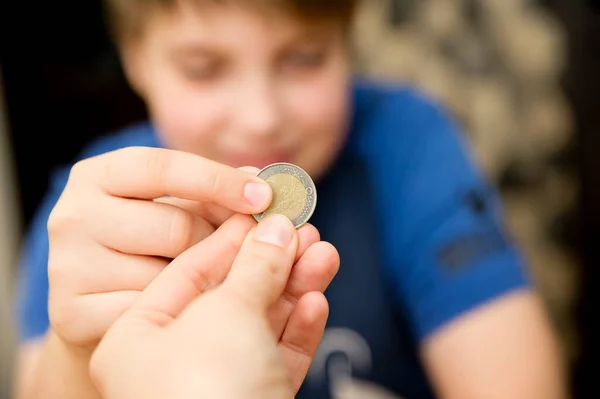 Adult Giving Coin Child Saving Money Concept Children Financial Education — Fotografia de Stock
