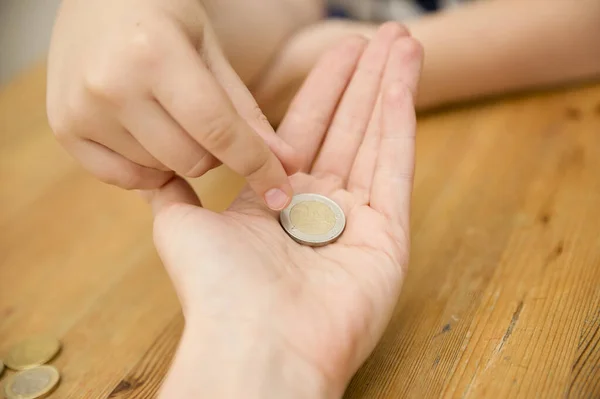 Adult Giving Coin Child Saving Money Concept Children Financial Education — Fotografia de Stock