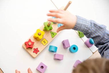 Saymayı, şekilleri ve renkleri öğrenmek. Montessori tipi uygulama. Eğitim için tahta oyuncaklar. İnce motor beceriler, beyin egzersizleri ve zihinsel gelişim için terapi görevi Mantık eğitimi oyunu. 