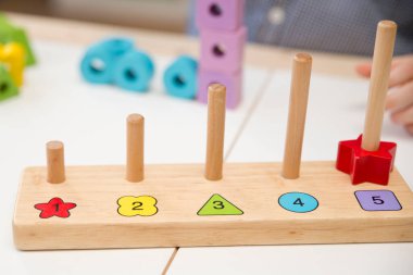 Saymayı, şekilleri ve renkleri öğrenmek. Montessori tipi uygulama. Eğitim için tahta oyuncaklar. İnce motor beceriler, beyin egzersizleri ve zihinsel gelişim için terapi görevi Mantık eğitimi oyunu. 