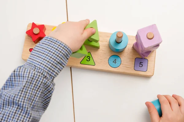 Learning counting, shapes and colors. Montessori type implement. Wooden toys for education. Fine motor skills, therapeutic task for brain exercises and mental development Logic training game.
