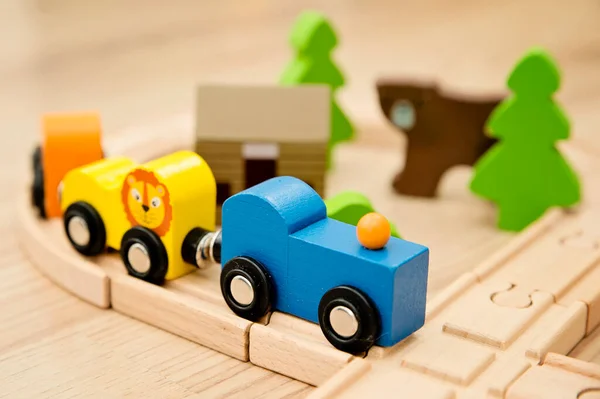 Wooden Railway Train Animal Wagons Wooden Floor Nostalgia Toy Childhood — 스톡 사진