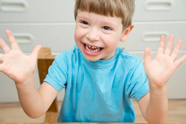 Back School Kid Sits Table Nursery Kindergarten Emotions Happy Face Stock Picture
