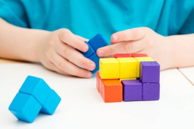 Popüler fayanslarla eşleşen yapboz oyununa benzer tahta renkli bloklar. Çocuk yeni şekiller yaratmak için figürleri eşleştiriyor. Çocuklar için Montessori tarzı mantıklı bir oyun. Anaokulu öğrencileri için beyin egzersizi..