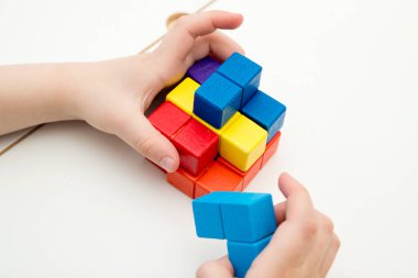 Popüler fayanslarla eşleşen yapboz oyununa benzer tahta renkli bloklar. Çocuk yeni şekiller yaratmak için figürleri eşleştiriyor. Çocuklar için Montessori tarzı mantıklı bir oyun. Anaokulu öğrencileri için beyin egzersizi..