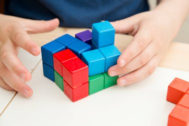 Popüler fayanslarla eşleşen yapboz oyununa benzer tahta renkli bloklar. Çocuk yeni şekiller yaratmak için figürleri eşleştiriyor. Çocuklar için Montessori tarzı mantıklı bir oyun. Anaokulu öğrencileri için beyin egzersizi..