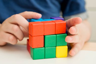 Popüler fayanslarla eşleşen yapboz oyununa benzer tahta renkli bloklar. Çocuk yeni şekiller yaratmak için figürleri eşleştiriyor. Çocuklar için Montessori tarzı mantıklı bir oyun. Anaokulu öğrencileri için beyin egzersizi..