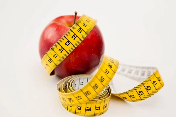 Conceito Dieta Com Maçã Fita Métrica Perda Peso Contagem Calorias — Fotografia de Stock