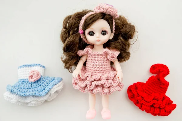 Baby Girl Cute Doll Colorful Hand Crocheted Knitting Dress — Stock Photo, Image