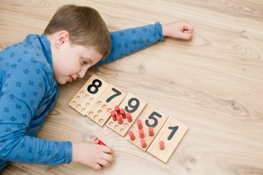 Montessori metodolojisinin ahşap figürleri. Matematik çocukları çocuklar için bulmaca sayıyor. Geliştirilmesi gereken bilgisayar oyunları eğitimi. Zeki bir çocuk matematik oyuncağı. Sayı oyunu tahtası.