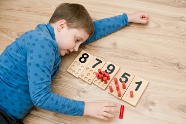Montessori metodolojisinin ahşap figürleri. Matematik çocukları çocuklar için bulmaca sayıyor. Geliştirilmesi gereken bilgisayar oyunları eğitimi. Zeki bir çocuk matematik oyuncağı. Sayı oyunu tahtası.