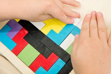 Tahta yapboz. Zekice, beyin eğitimi oyunu. Çocukların yeteneklerini geliştirerek akıllanmaları için, bu oyuncağı kullanarak renkleri öğrenmek ve bu eğlenceli mantıksal hafıza oyunuyla zihinlerini canlandırmak için.