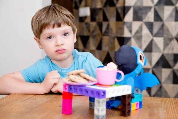 Kid plays role game. Tea time with best friend. Toy parrot sitting by the table. Activities at home. Indoor games for rainy day.