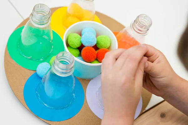 Put Correct Color Pom Poms Colorful Ball Sorting Game Kids — Stockfoto