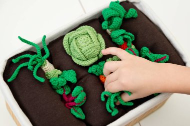 Çocuk bir bahçıvan oyunu oynuyor. Tarlaları hasat et. Çocuklar için sağlıklı yiyecekler. Bahçıvanlık ve tarım kavramı. Evdeki etkinlikler. Doğanın bilgisi. El yapımı oyuncaklar, sebzeler..