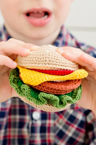 Handmade Crochet Hamburger Meet Salad Cheese Pickles Cucumber Tomato Fast — Photo