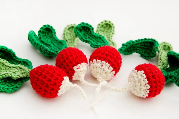 Knitted Vegetables Radish Concept Styling Handicrafts Ecological Toys Children Develop — стоковое фото