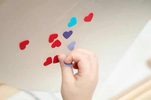 Heart Mothers Day Kid Sticking Colored Paper Hearts Adhesive Tape — 스톡 사진