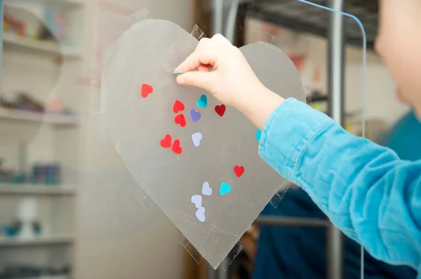 Heart Mothers Day Kid Sticking Colored Paper Hearts Adhesive Tape — 스톡 사진