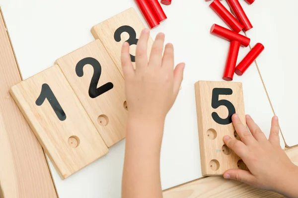 Wooden figures of the Montessori methodology. Math kids counting puzzle for kids. Educational training in computing games to develop. An intelligent children\'s math toy. Number game board.