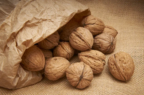 Nueces y bolsa de papel —  Fotos de Stock