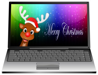 Ren geyiği santa şapka neşeli Noel dilek ile olan dizüstü bilgisayar