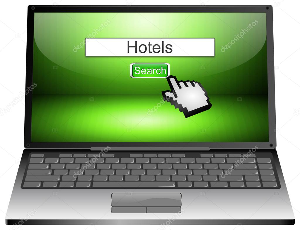 Laptop with internet web search engine hotels