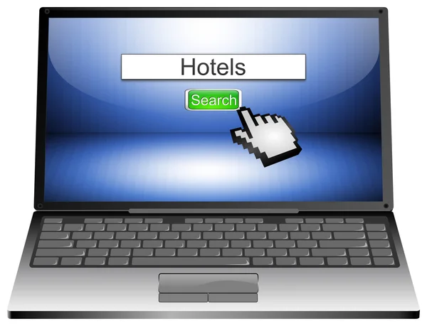 Laptop with internet web search engine hotels — Stock Photo, Image