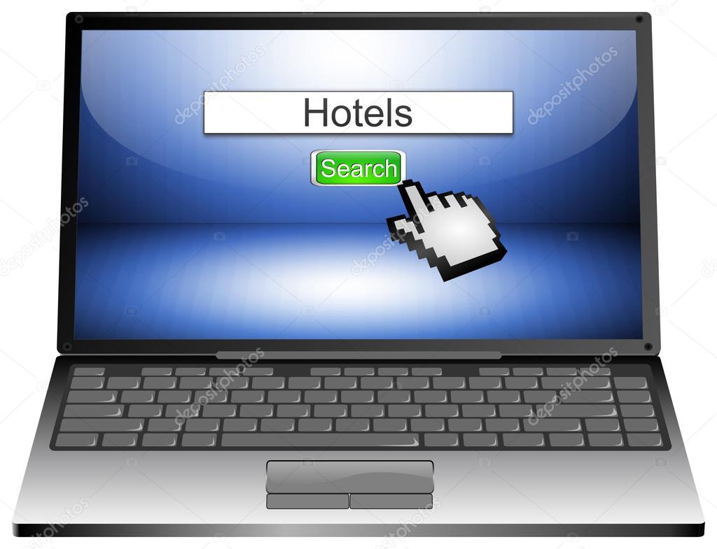 Laptop with internet web search engine hotels