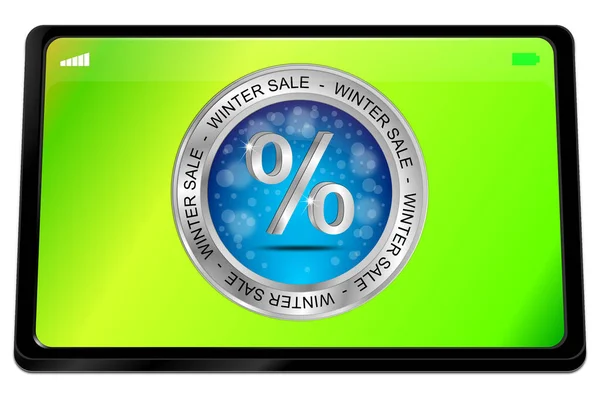 Tablet Computer Blue Winter Sale Button Green Desktop Illustration — Stock Photo, Image