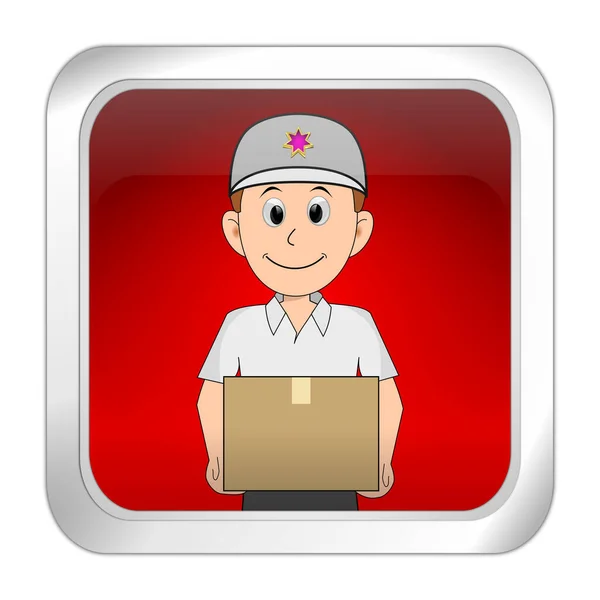 Friendly Courier Delivering Parcel Button Red Illustration — Stock Photo, Image