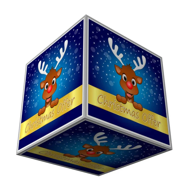 Christmas Offer Cube Reindeer Blue Illustration — Stock Photo, Image