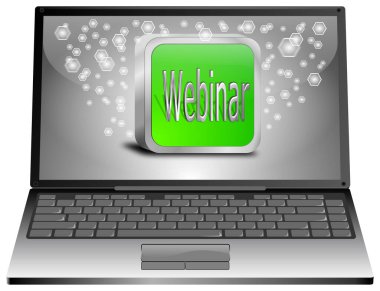 Laptop Computer with green Webinar button on silver desktop - 3D illustration