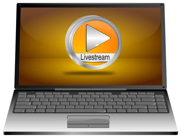 Laptop Počítač Oranžovým Livestream Buttonon Oranžový Desktop Ilustrace — Stock fotografie