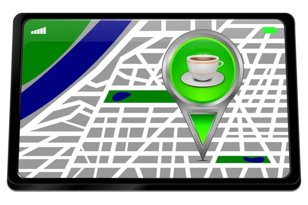 Υπολογιστής Tablet Πράσινο Δείκτη Χάρτης Ένα Κύπελλο Του Καφέ Εικονογράφηση — Φωτογραφία Αρχείου