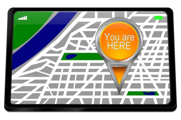 Tablet Computer Orange You Here Map Pointer Illustration — Stok Foto