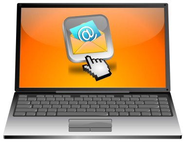 Turuncu masaüstünde e-posta düğmesi ve imleci olan dizüstü bilgisayar - 3D illüstrasyon