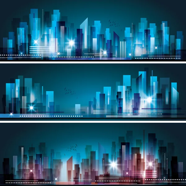 Skyline cidade na noite banner set — Vetor de Stock