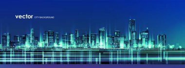 Kentsel vektör şehri geceleri. Skyline şehir siluetleri. Şehir arka planı mimari, gökdelenler, megapolis, binalar, şehir merkezi.