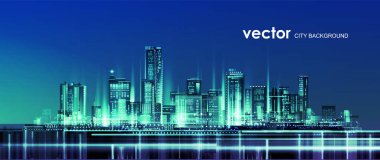 Gece şehir manzarası var. Skyline şehir siluetleri. Şehir arka planı mimari, gökdelenler, megapolis, binalar, şehir merkezi.