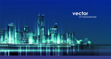 Gece şehir manzarası var. Skyline şehir siluetleri. Şehir arka planı mimari, gökdelenler, megapolis, binalar, şehir merkezi.