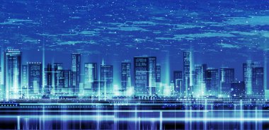 Gece şehir manzarası var. Skyline şehir siluetleri. Şehir arka planı mimari, gökdelenler, megapolis, binalar, şehir merkezi.