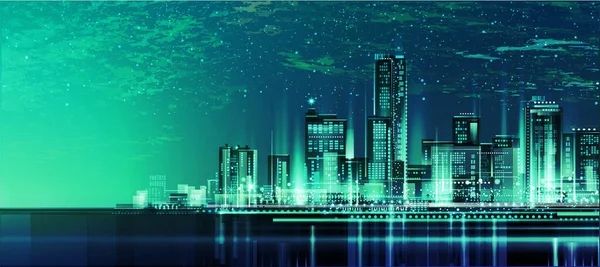 Gece Şehir Manzarası Var Skyline Şehir Siluetleri Şehir Arka Planı — Stok Vektör