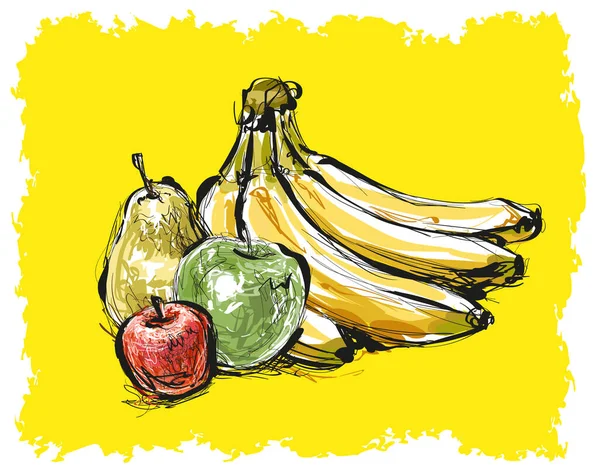 バナナ リンゴ 梨のスケッチ手描きベクトルイラスト — ストックベクタ